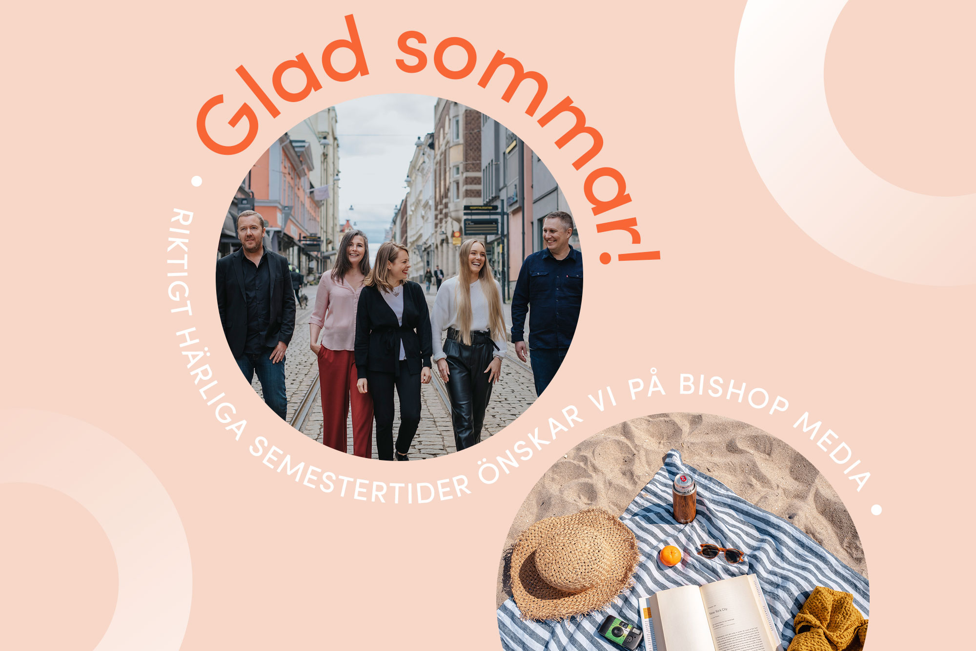 Ett somrigt collage med en sommarhälsning från webbyrån Bishop Media